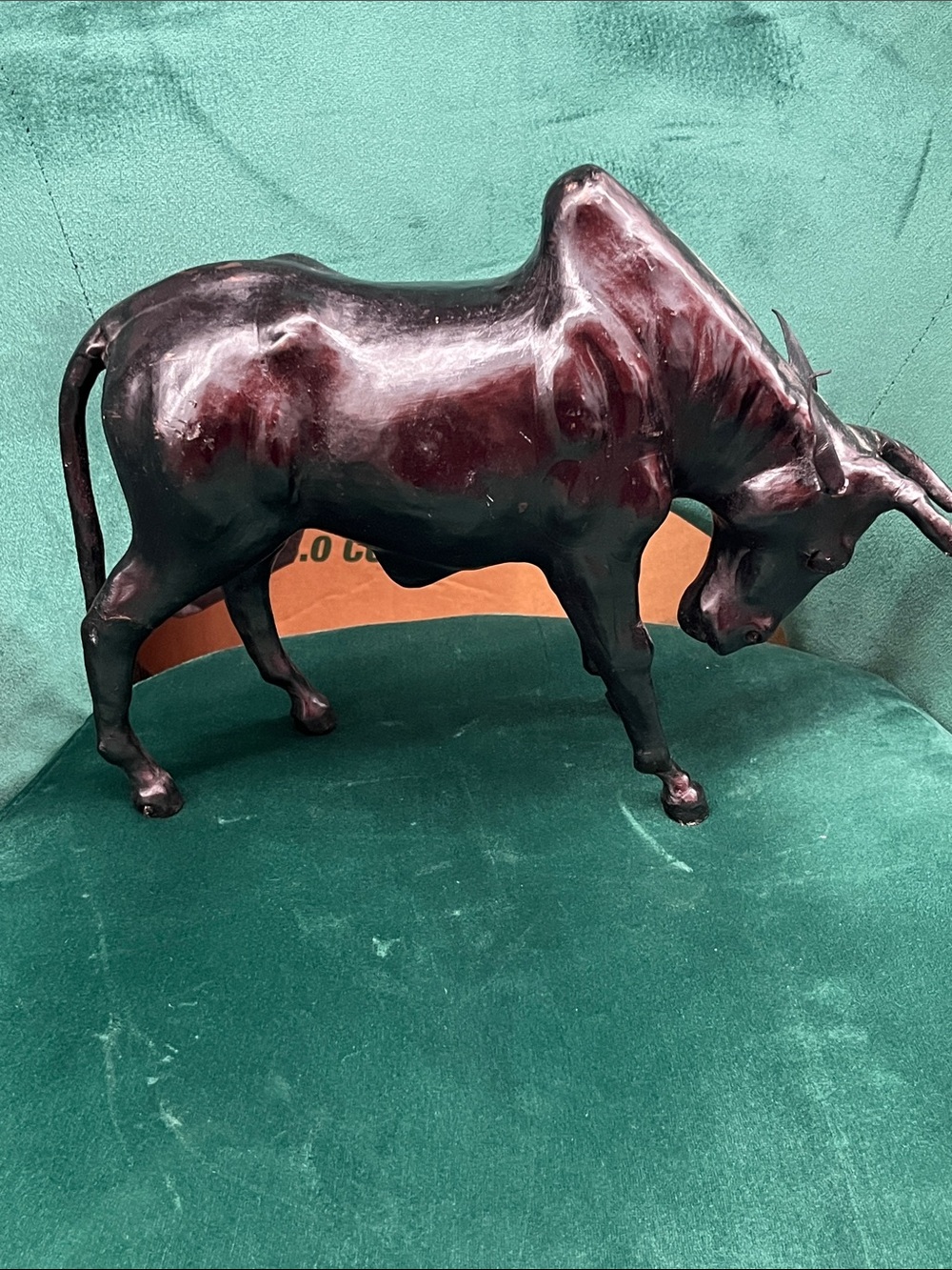 Hand Crafted Burgundy and Black Bull Sculpture